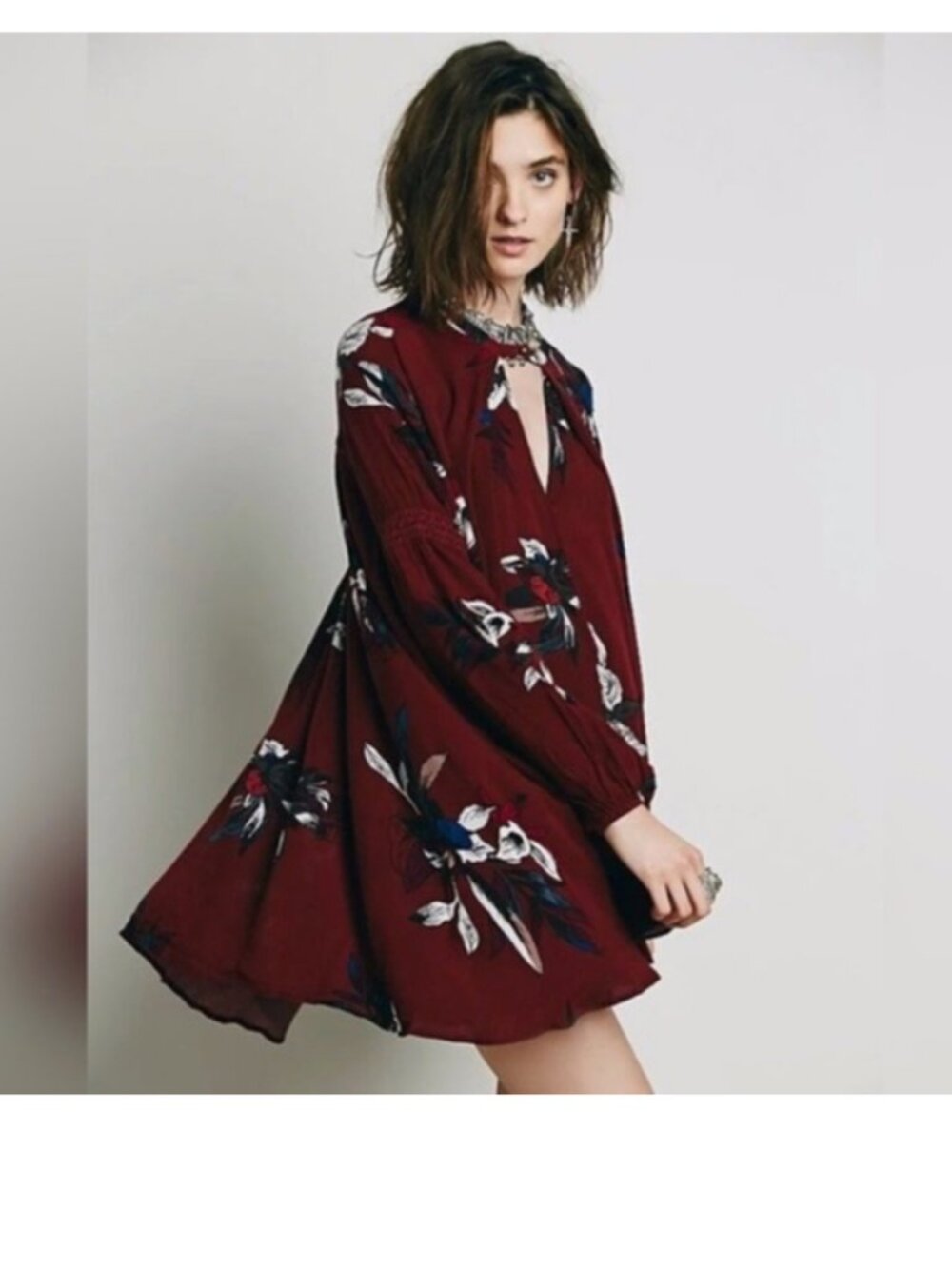 Free People Red Floral Print Swing Mini Tunic Dress